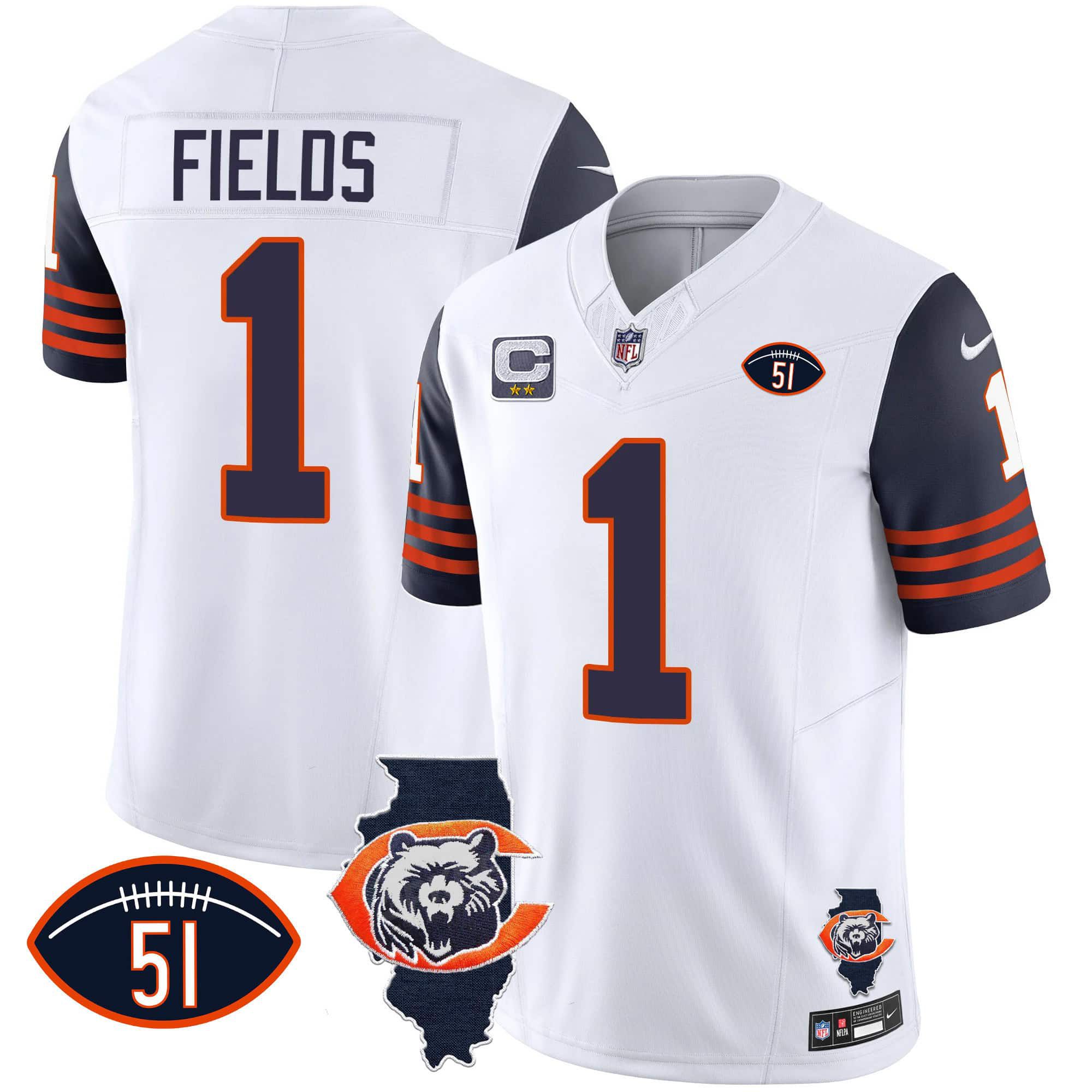 Men Chicago Bears #1 Fields White 2024 Nike Throwback Illinois Patch Vapor NFL Jersey style 1